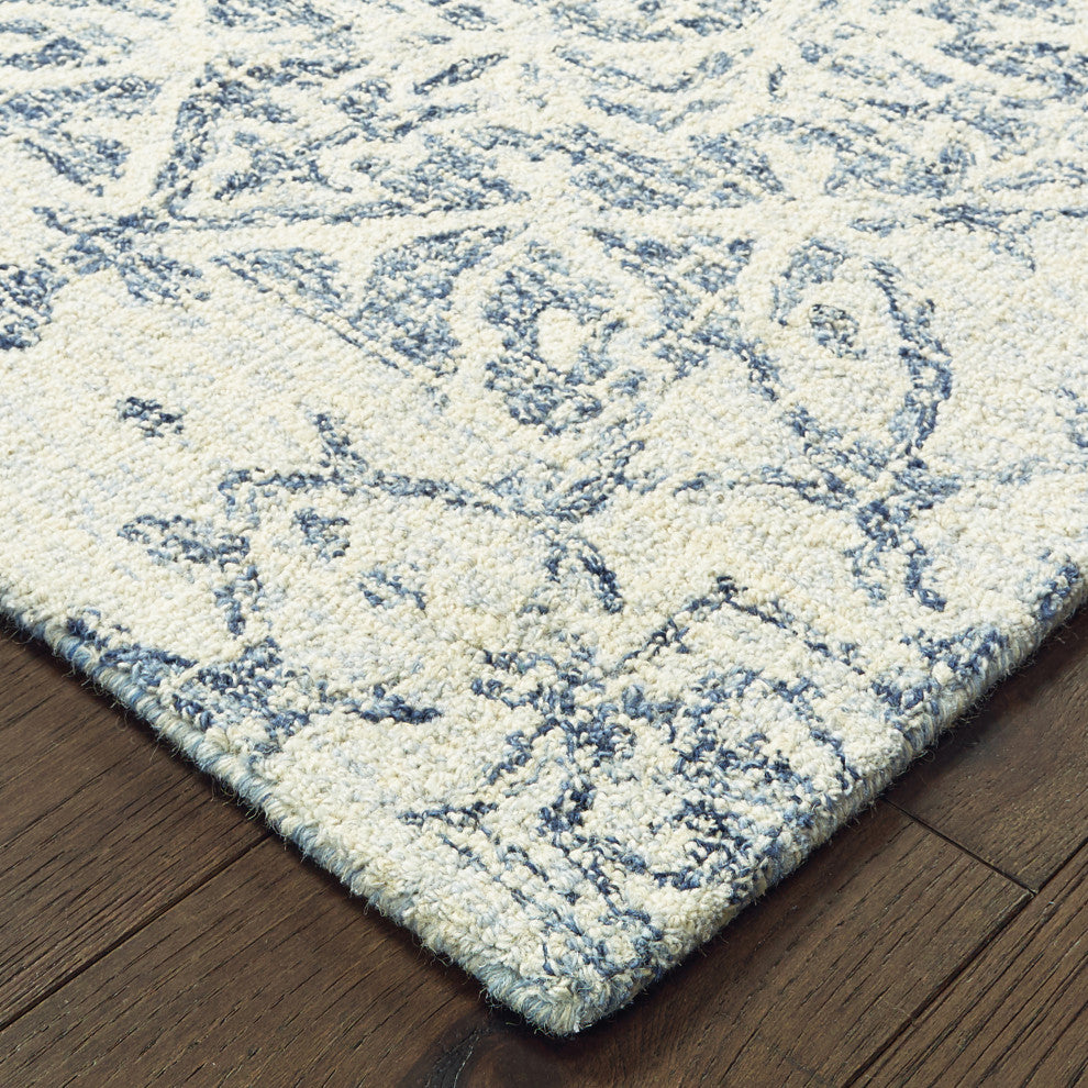 Terrance Faded Medallions Blue/Ivory Hand Tufted Wool Area Rug, 3'6"x5'6"