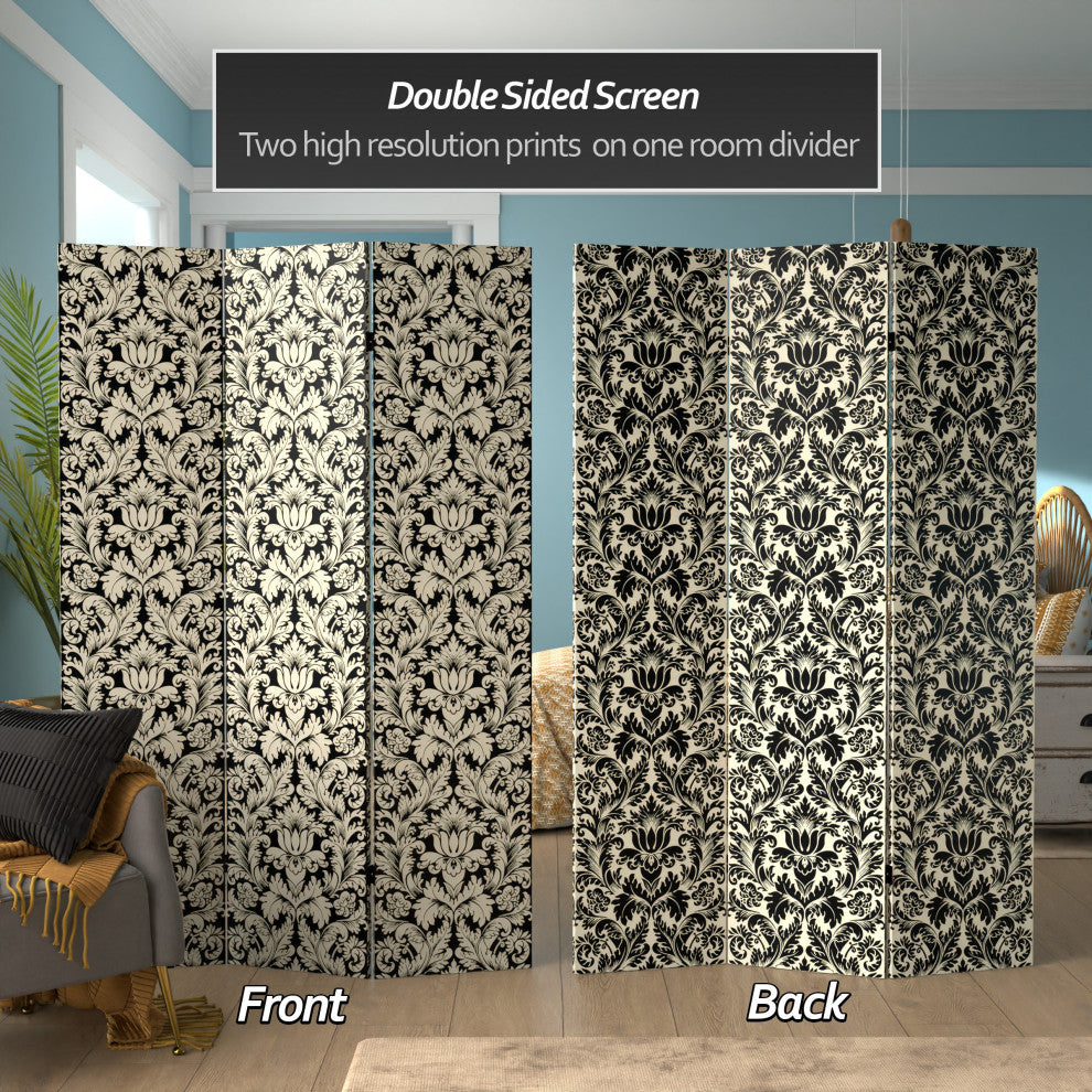 6' Tall Double Sided Ebony Damask Canvas Room Divider