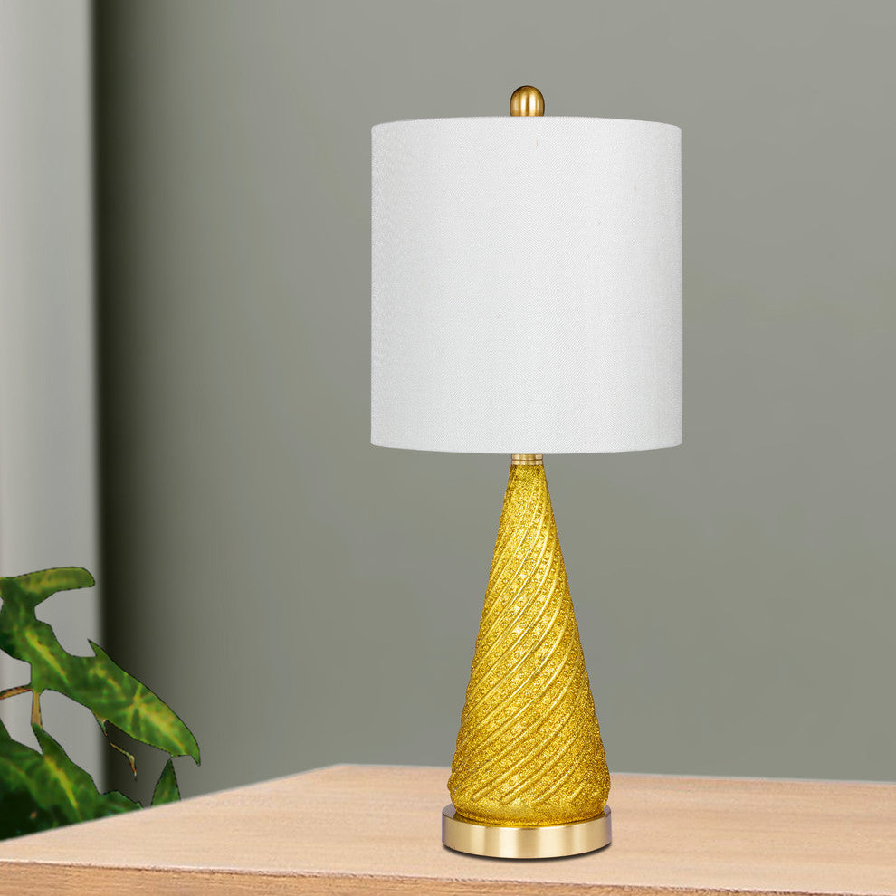 24.5" Royal Spiraled Cone Glass & Metal Table Lamp, Gold Glitter And Satin Brass