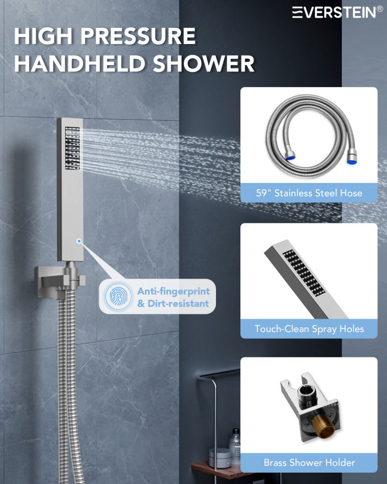 LED Thermostatic Shower System 12" Rain Shower Head with 6 Body Jets, Brushed Nickel