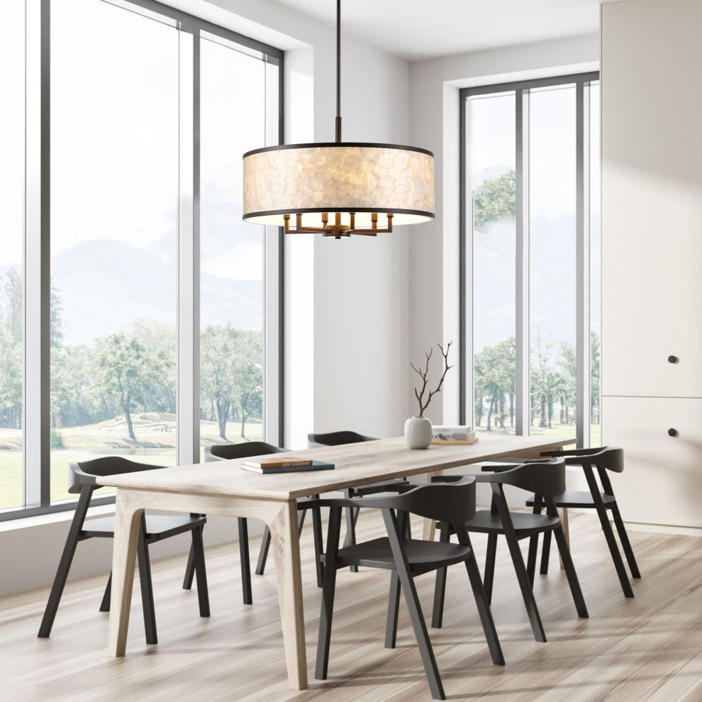 GetLedel 24-inch 6-Light Capiz Shell Drum Chandelier, Oil Rubbed Bronze