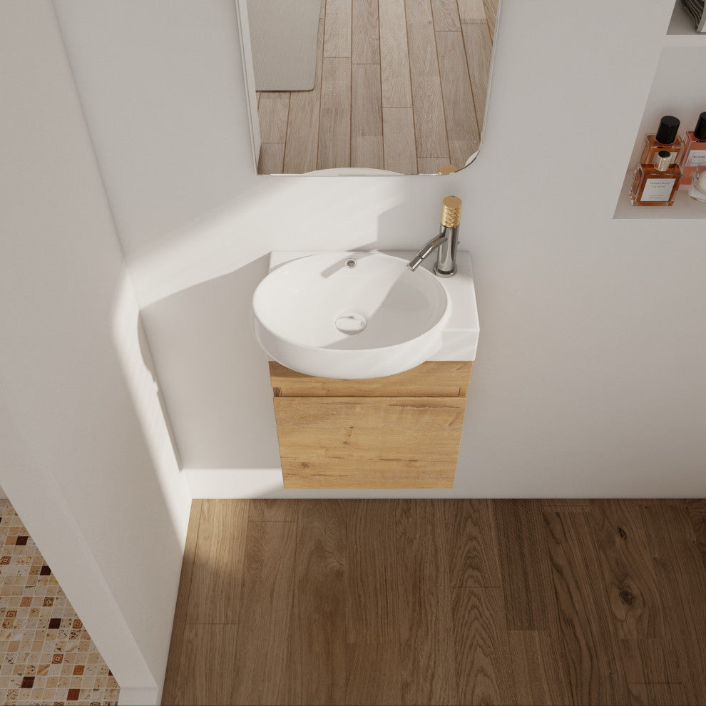 Small Wall-Mounted Plywood Bath Vanity, Imitative Oak, Ceramic Sink
