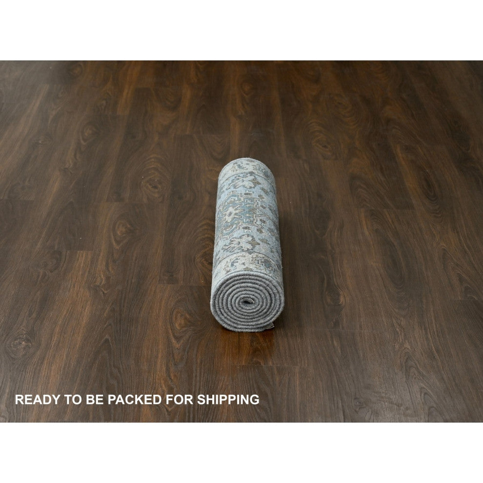 Medium Gray, Hand Knotted, Karajeh Design, Natural Wool, Runner Rug, 2'7"x7'9"