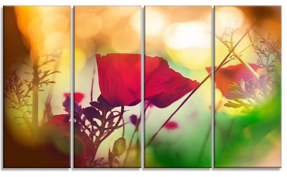 Poppy Flowers with Bokeh Background, Floral Canvas Art Print, 48"x28", 4 Panels