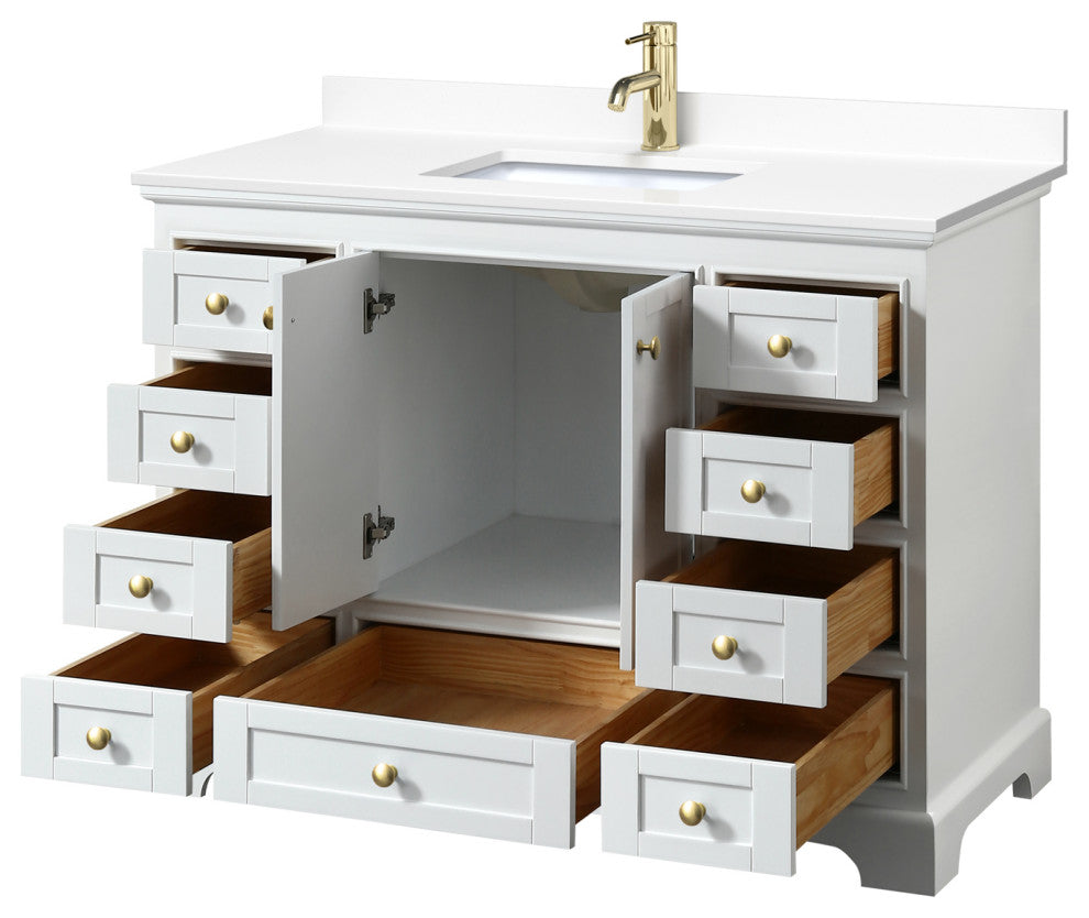 48" Single Bath Vanity, White, White Cult. Marble Countertop, Sink, Gold Trim