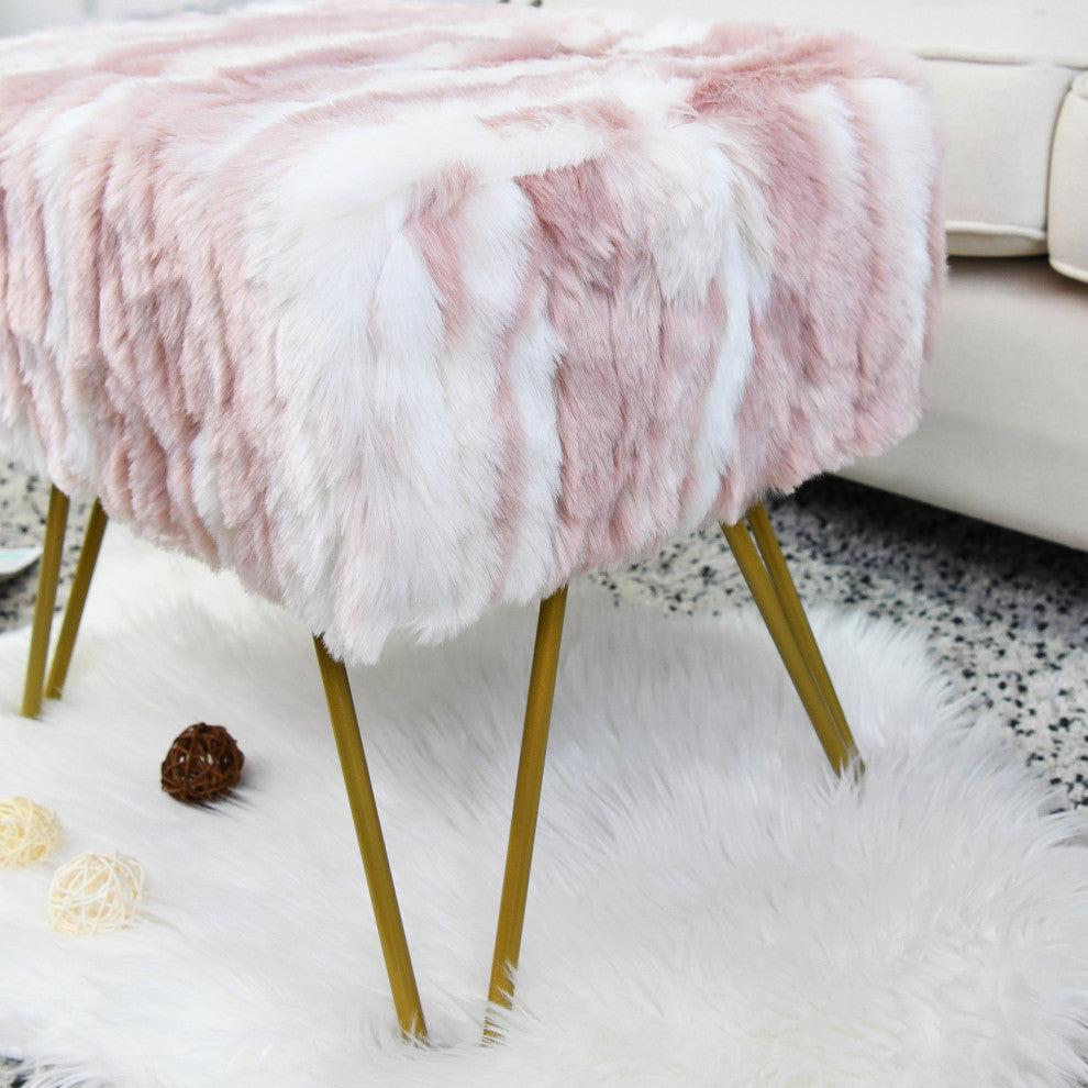 Soft Faux Fur Ottoman Fuzzy Entryway Bench Seat, Pink, 19"x13"x17"