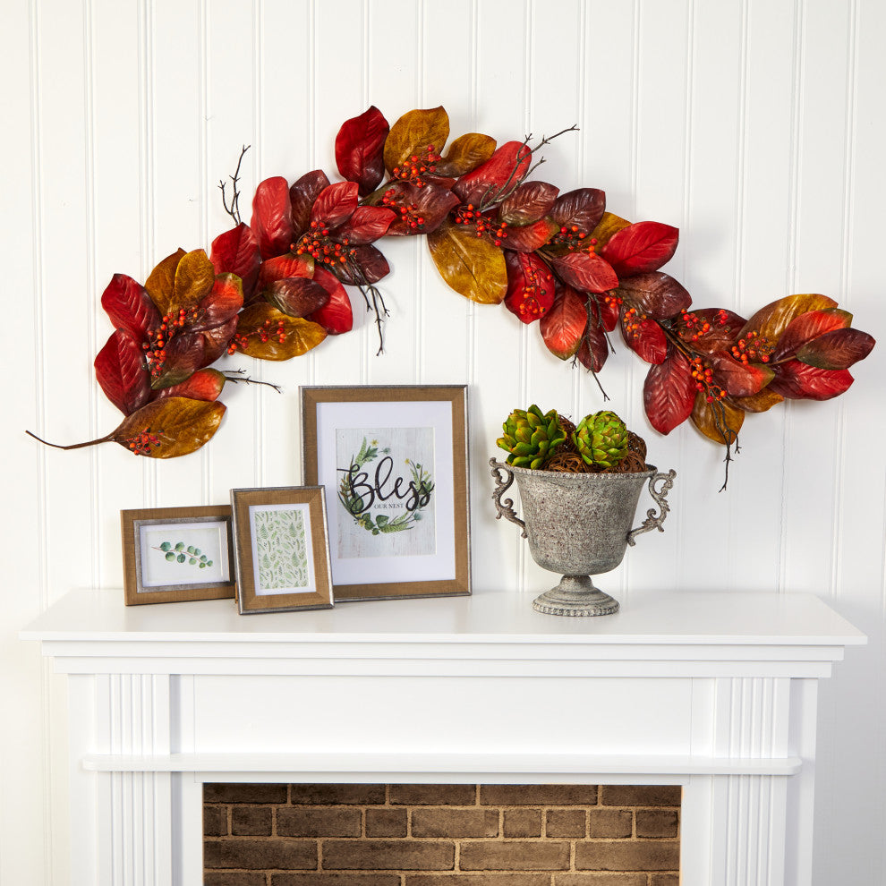 Nearly Natural 6' Autumn Magnolia Leaf with Berries Artificial Garland