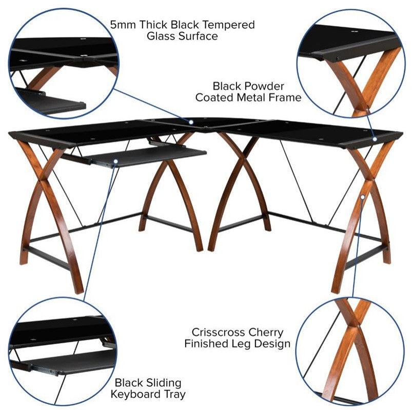 Glass L-Shape Corner Computer Desk With Pull-Out Keyboard Tray, Black