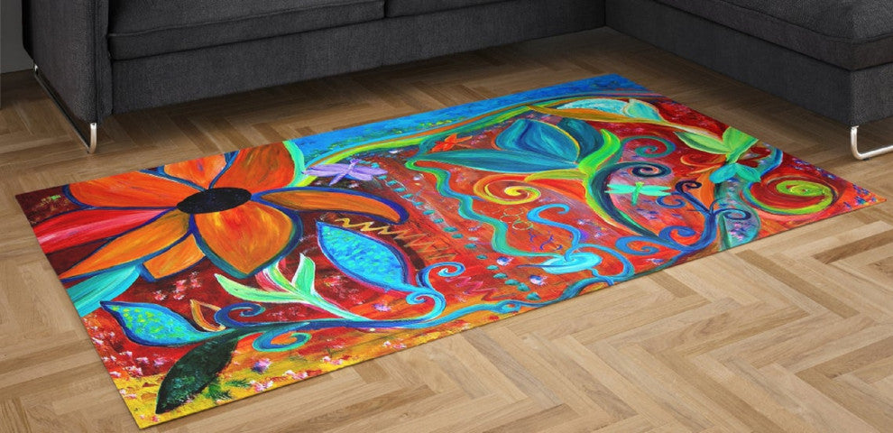 Chenille indoor area rugs size 96"w x 60" h, Floral Orange Blue Intuitive Art