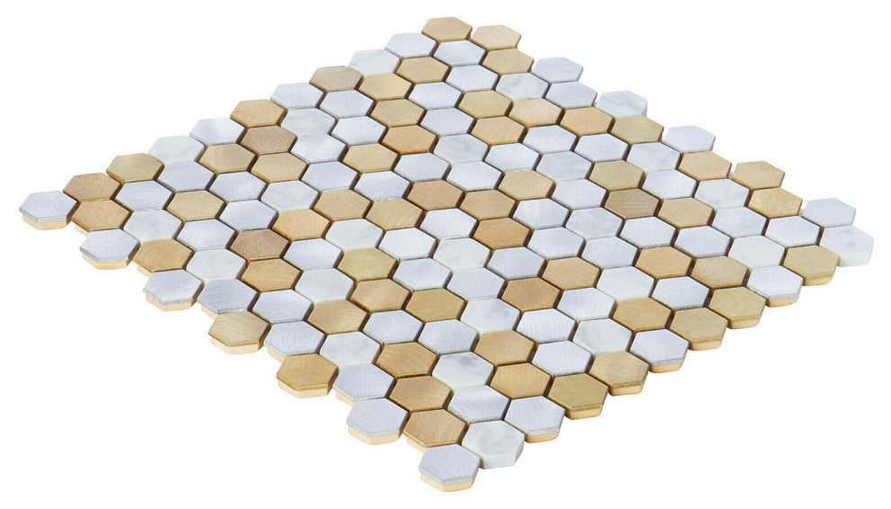 Modket White Calacatta Marble Champagne Gold Metal Hexagon Backsplash TDH45MDR