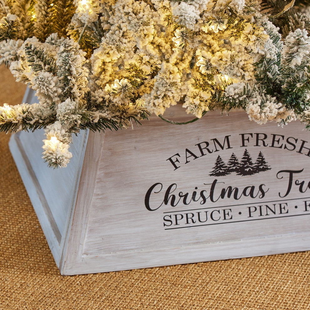 Washed White Wooden Trapezoid Farm Fresh Christmas Trees Tree Collar, 26"L