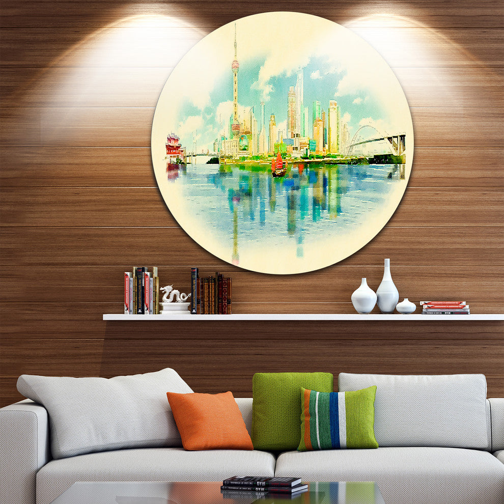 Shanghai Panoramic View, Cityscape Watercolor Round Wall Art, 36"