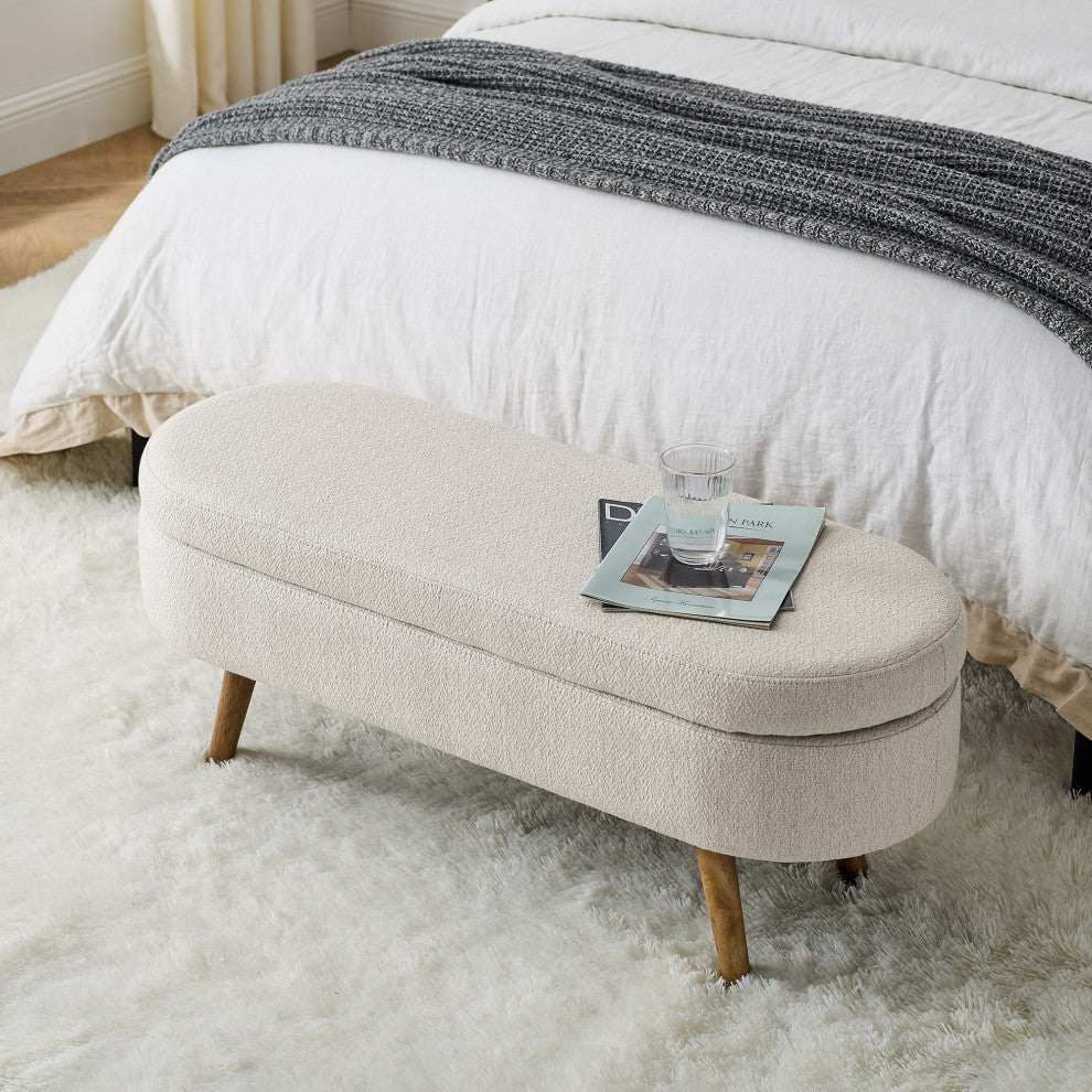 TATEUS Ottoman Oval Storage Bench, Rubber Wood Legs, Beige