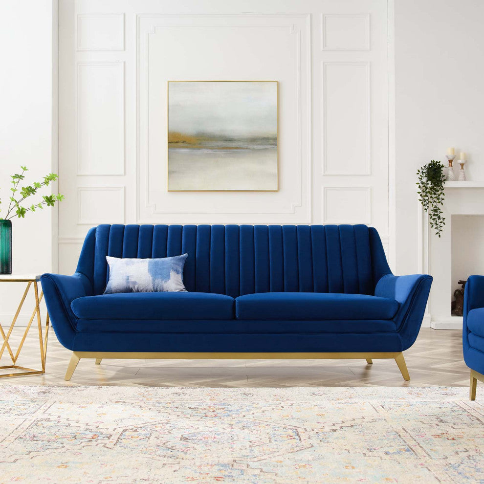 Tufted Sofa, Velvet, Blue Navy, Modern, Living Lounge Hotel Lobby Hospitality