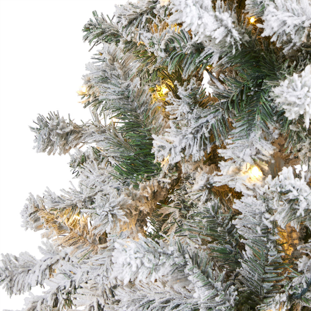 8' Flocked Rock Springs Spruce Faux Xmas Tree W/Lights & Bendable Branches