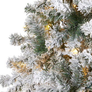 8' Flocked Rock Springs Spruce Faux Xmas Tree W/Lights & Bendable Branches