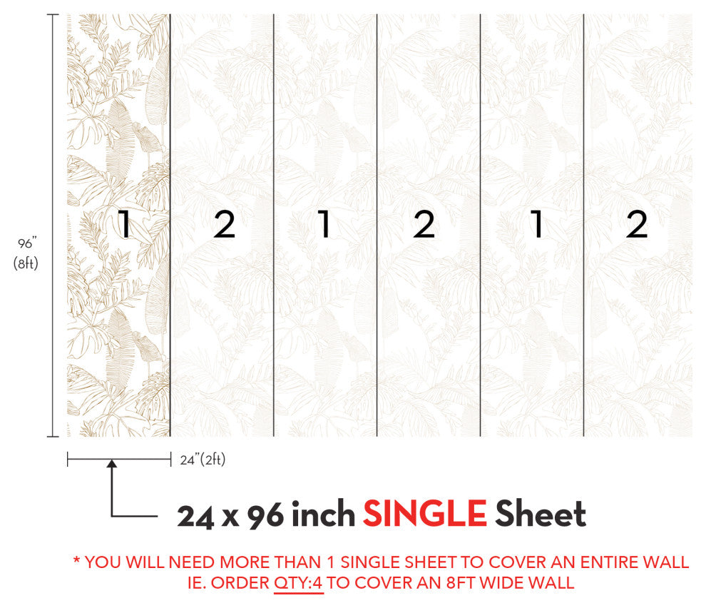 Hand Drawn Jungle Leaves Vinyl Peel and Stick Mural, Gold, 24"x96", Single