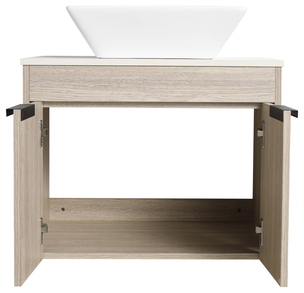 Wall-Mounted Bath Vanity, White Oak, White Ceramic Vessel Sink