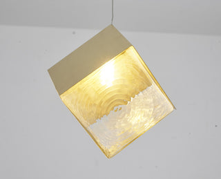 1-Light Brass Cubed Pendant With A Clear Distorted Glass Shade