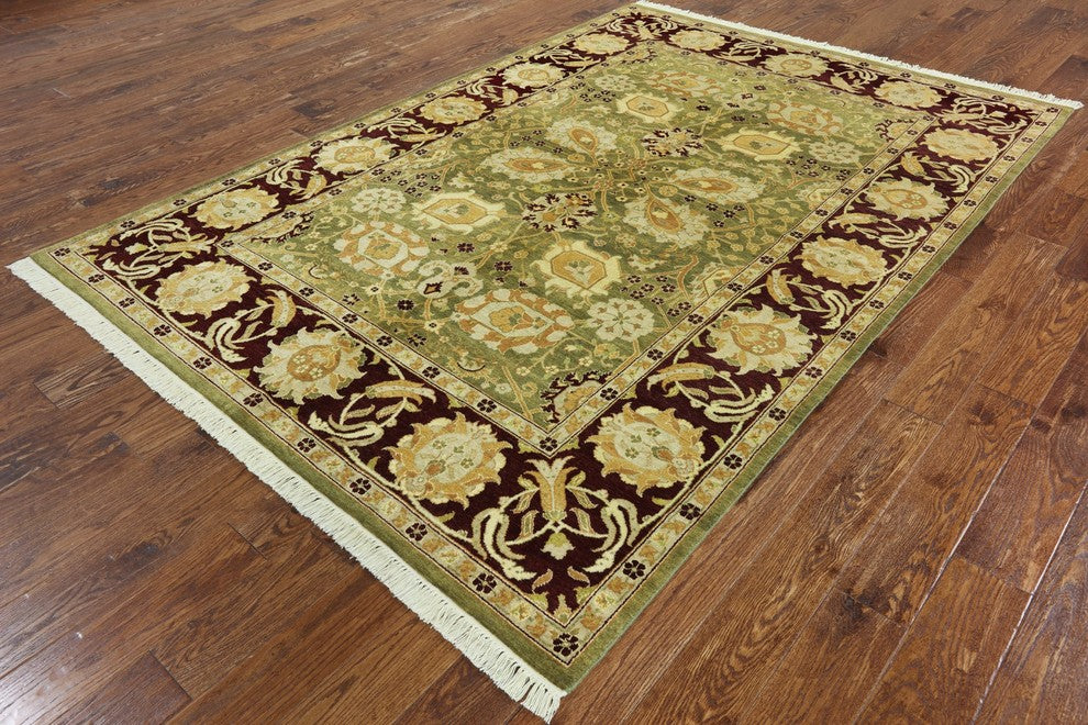 Hand-Knotted Green Oushak Style Oriental Chobi Peshawar Wool Rug, 6'x9'