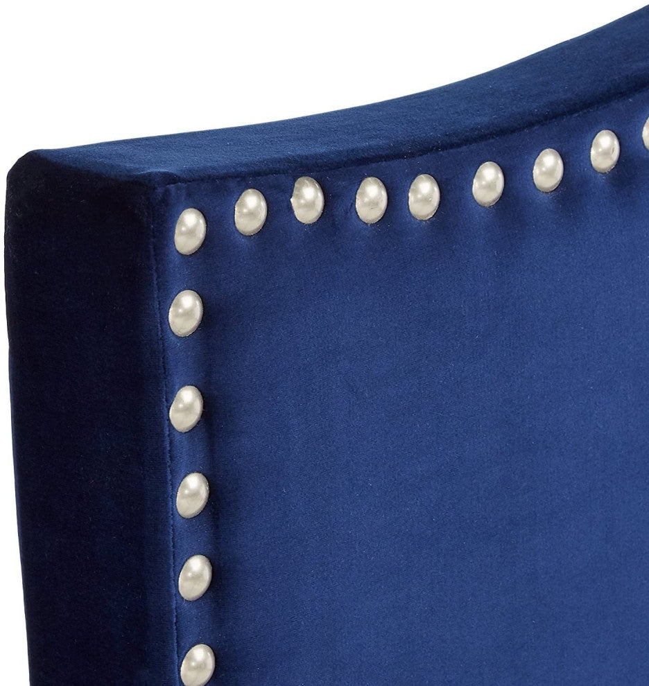 Blue Velvet Nailhead Queen Size Upholstered Bed