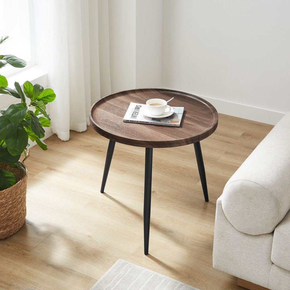 Danya B. Paxton Side Table With Modern Black Metal Taper Legs Round Walnut