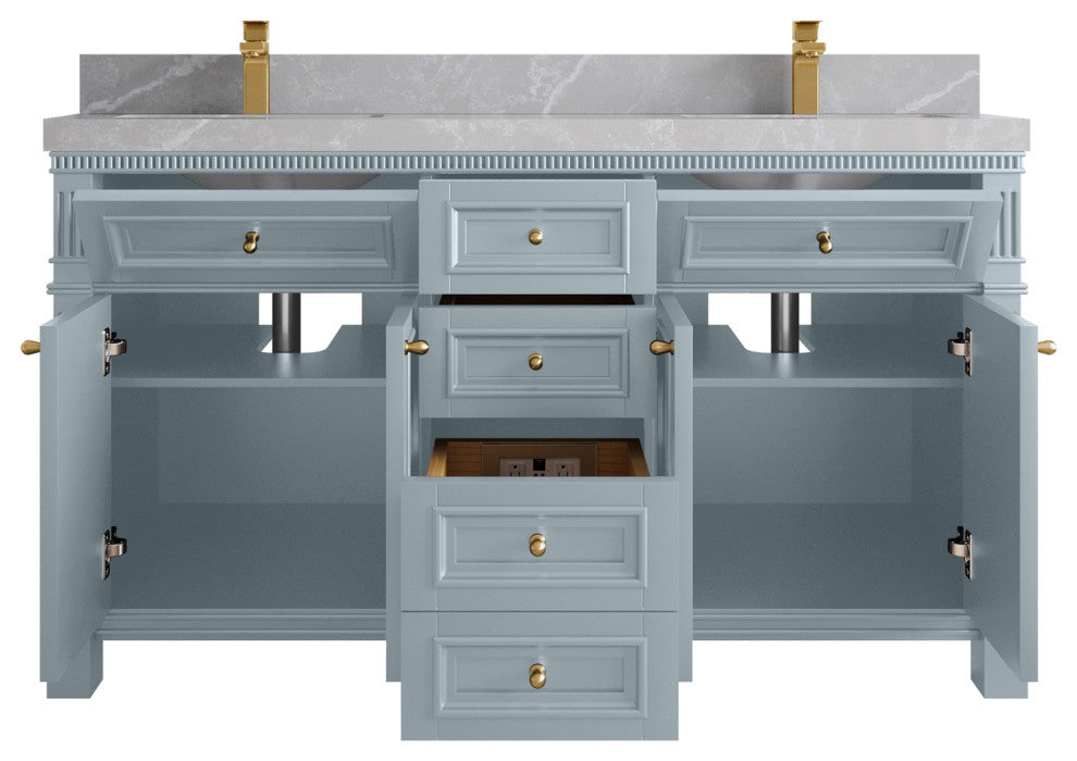 Paris 60" Double Sink Bathroom Vanity, Blue Heather 2" Pearl Gray