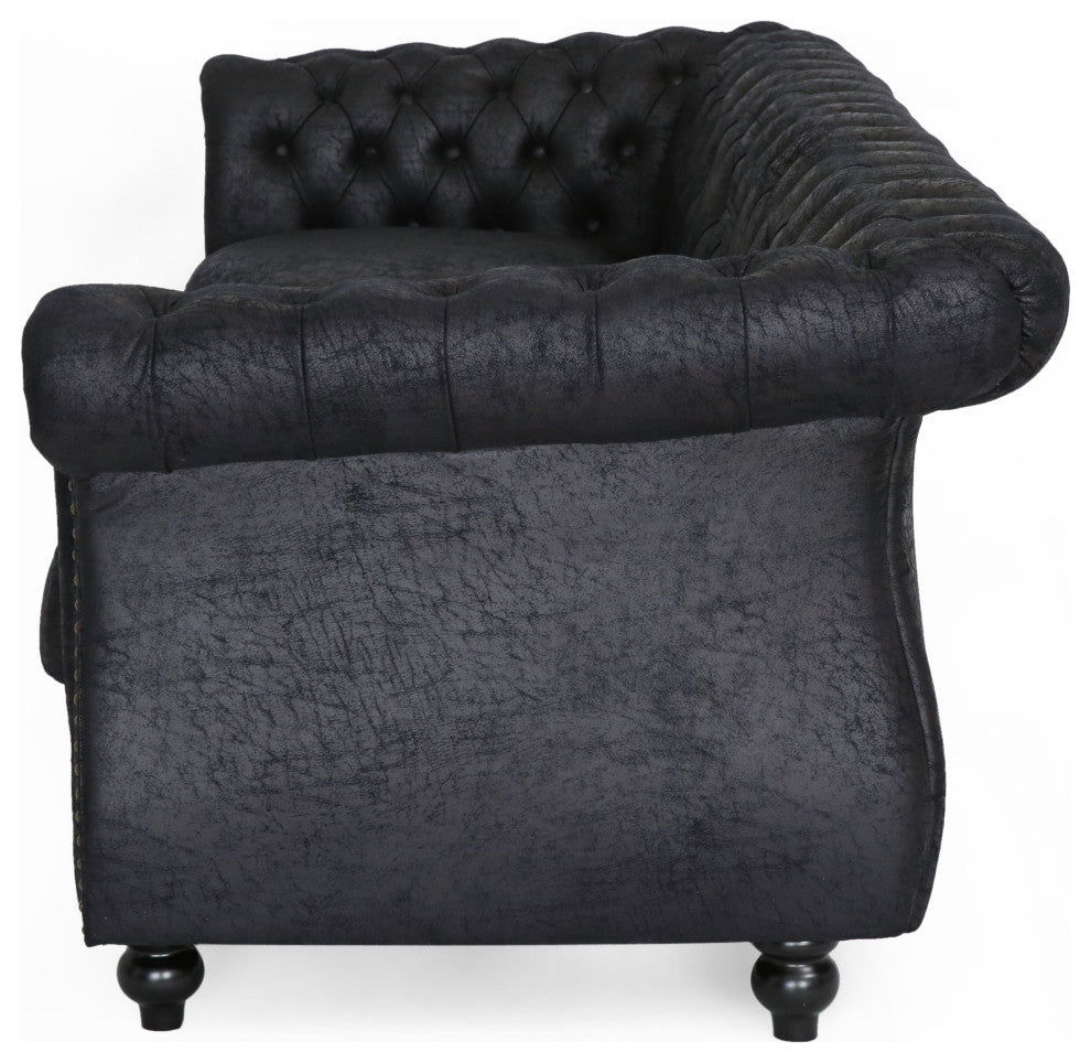Vita Chesterfield Tufted Faux Leather Sofa, Black