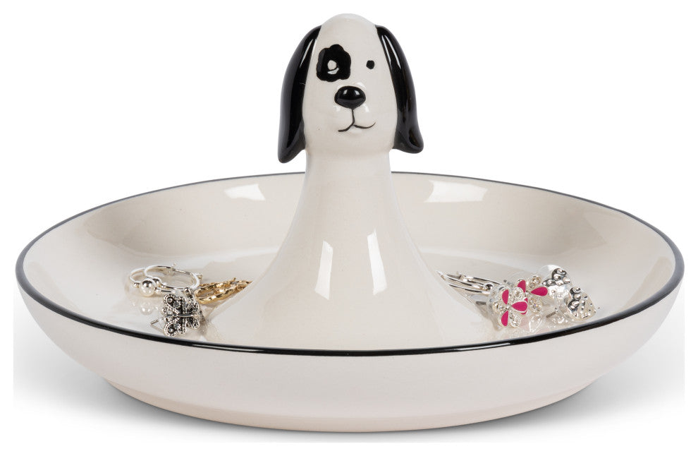 7.13" Black and White Porcela" Dog Themed Ring Dish
