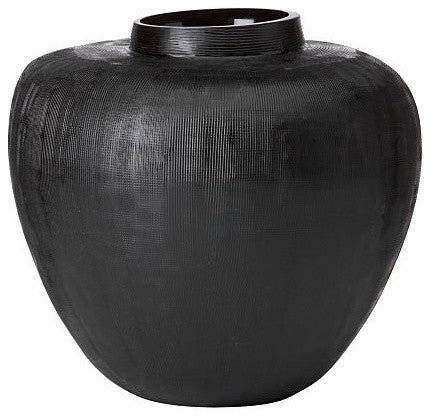 Donna Karan Lenox Artisan Glass, Black, Etched Linear  Round  Vase  8"