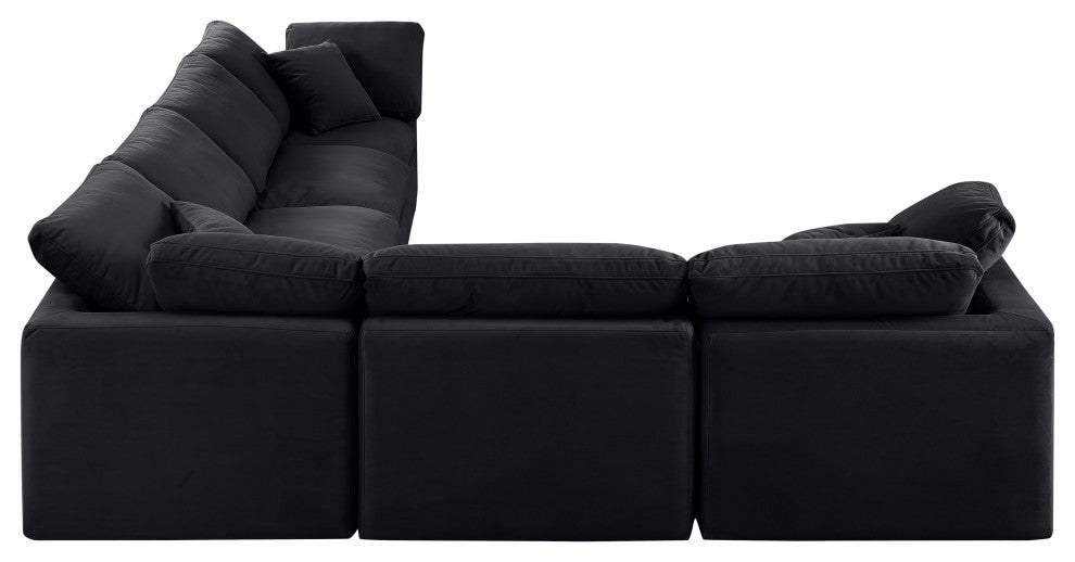 Indulge Upholstered Modular L-Shaped Sectional, Black, 6-Piece: 3 Armless Chair, 3 Corner Chair, Down Stuffed Velvet