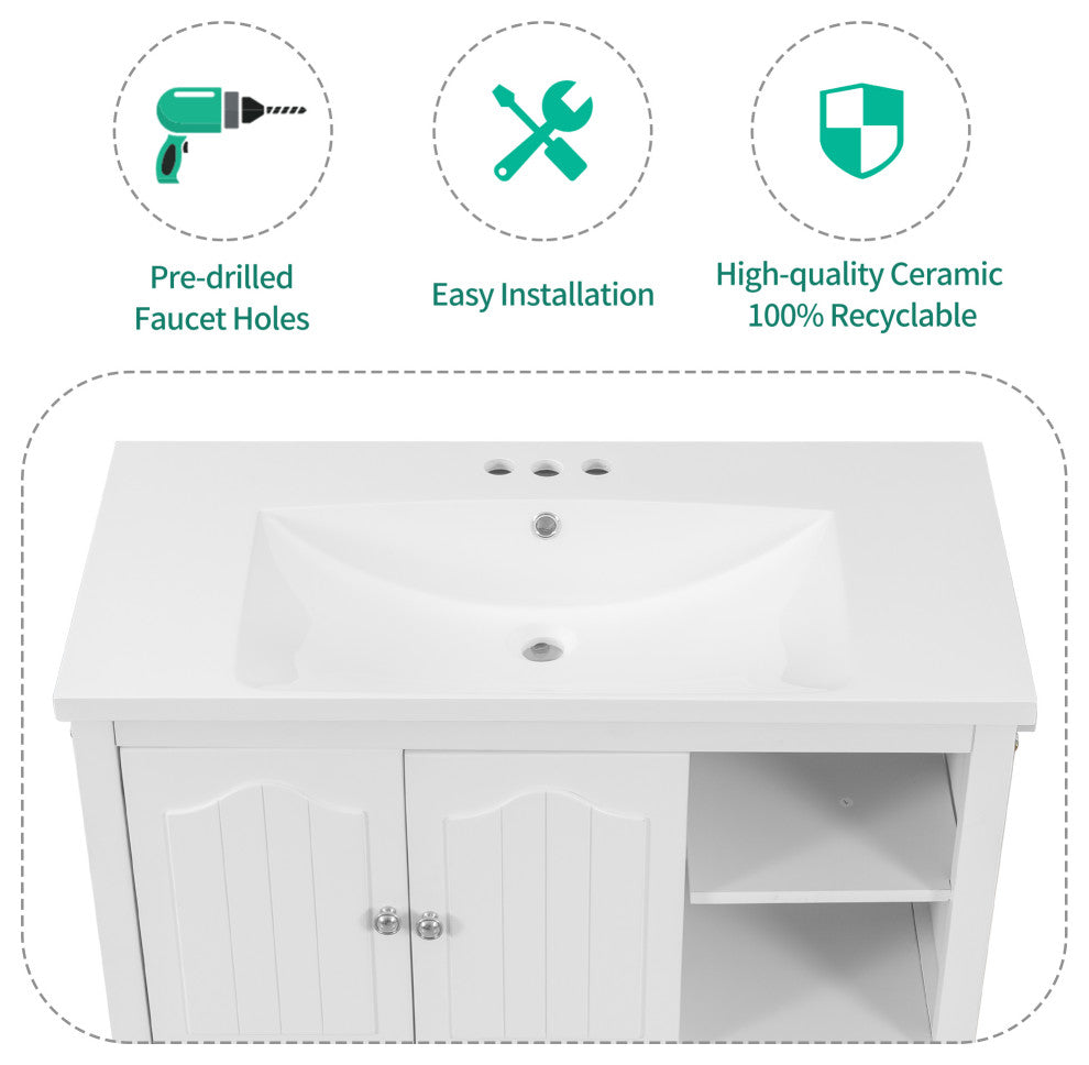 36" W x 18." D x 32" H Bath Vanity, White Ceramic Top, White