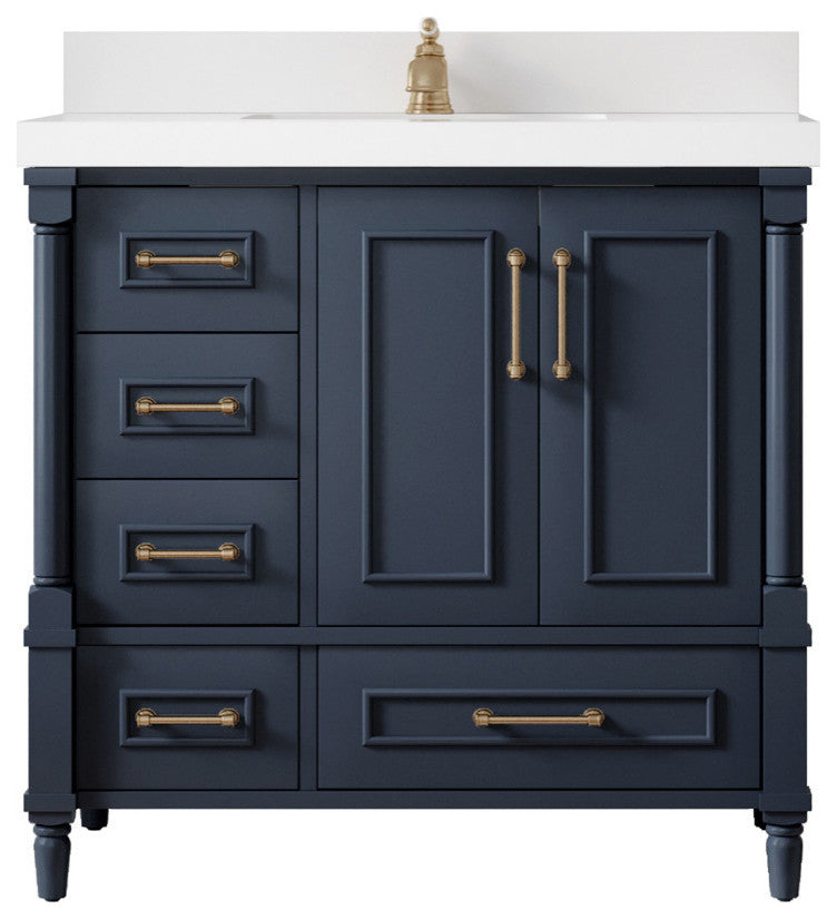Aberdeen 36 Center Sink Bath Vanity in Hale Navy Blue  2" White Quartz