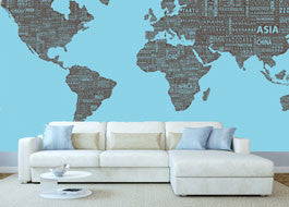1-World Text Map Wall Mural, Brown on Blue, Wallpaper, 8 panel, 166x89"