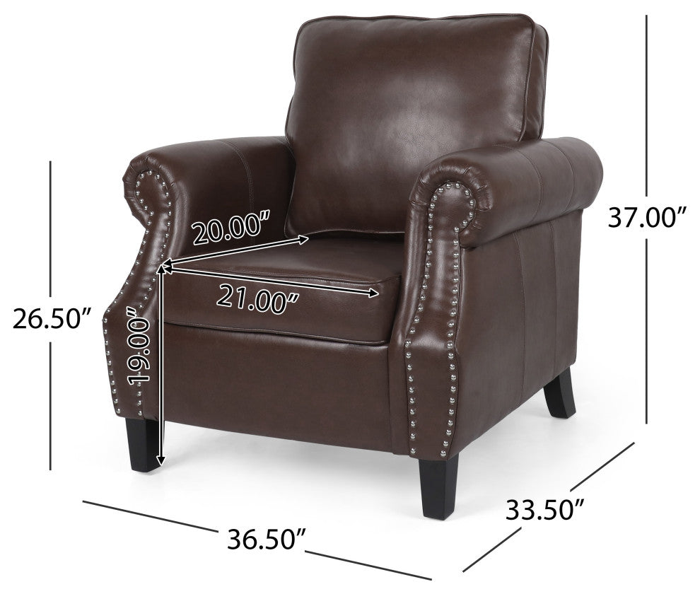 Burkehaven Contemporary Faux Leather Club Chair With Nailhead Trim, Dark Brown