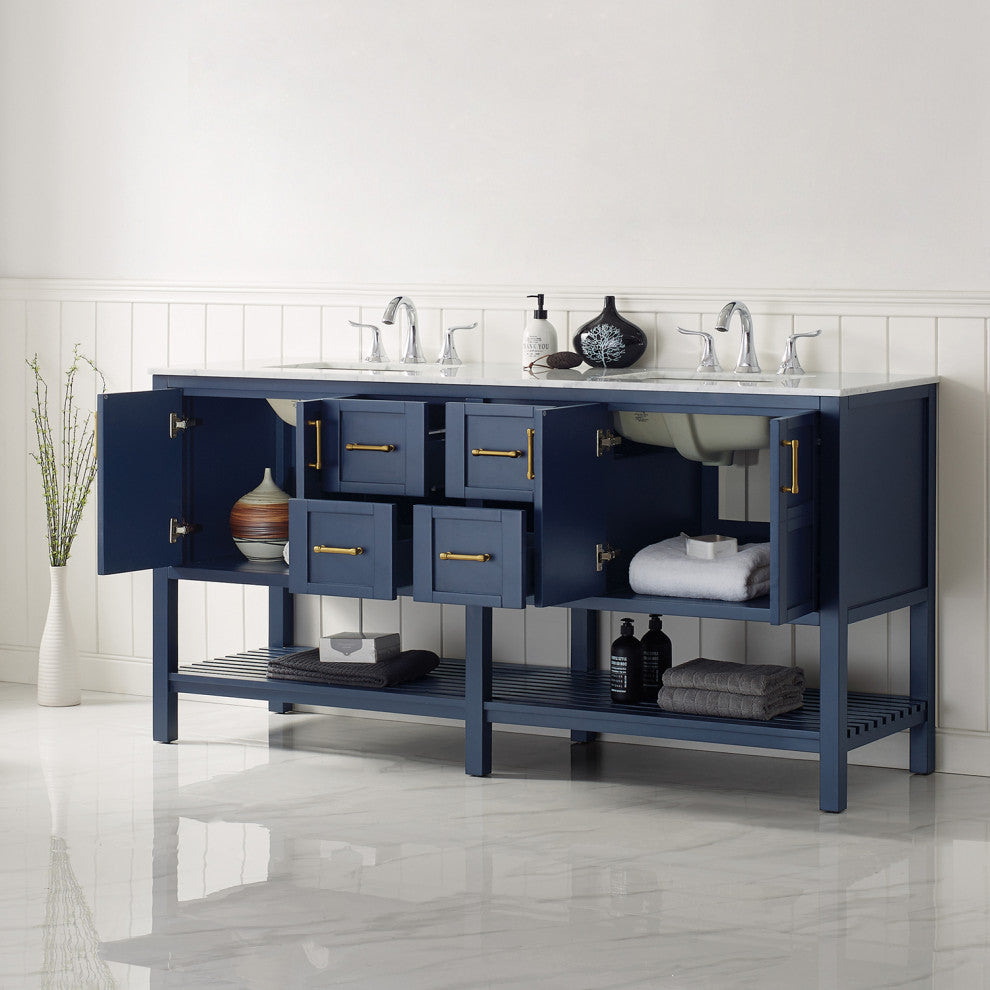 Vinnova Florence 72" Royal Blue Double Vanity W/ Carrara White Marble Countertop