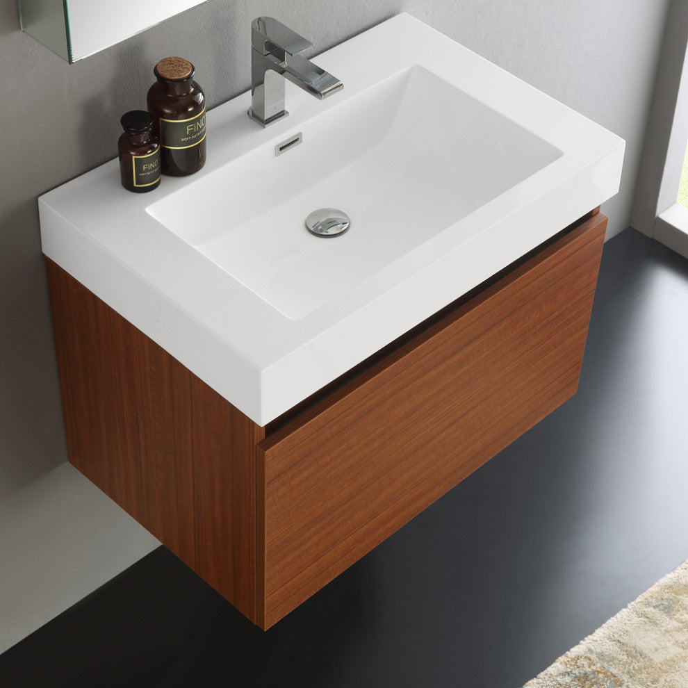 Fresca Mezzo 30" Teak Wall Hung Modern Bathroom Vanity With Medicine Cabinet