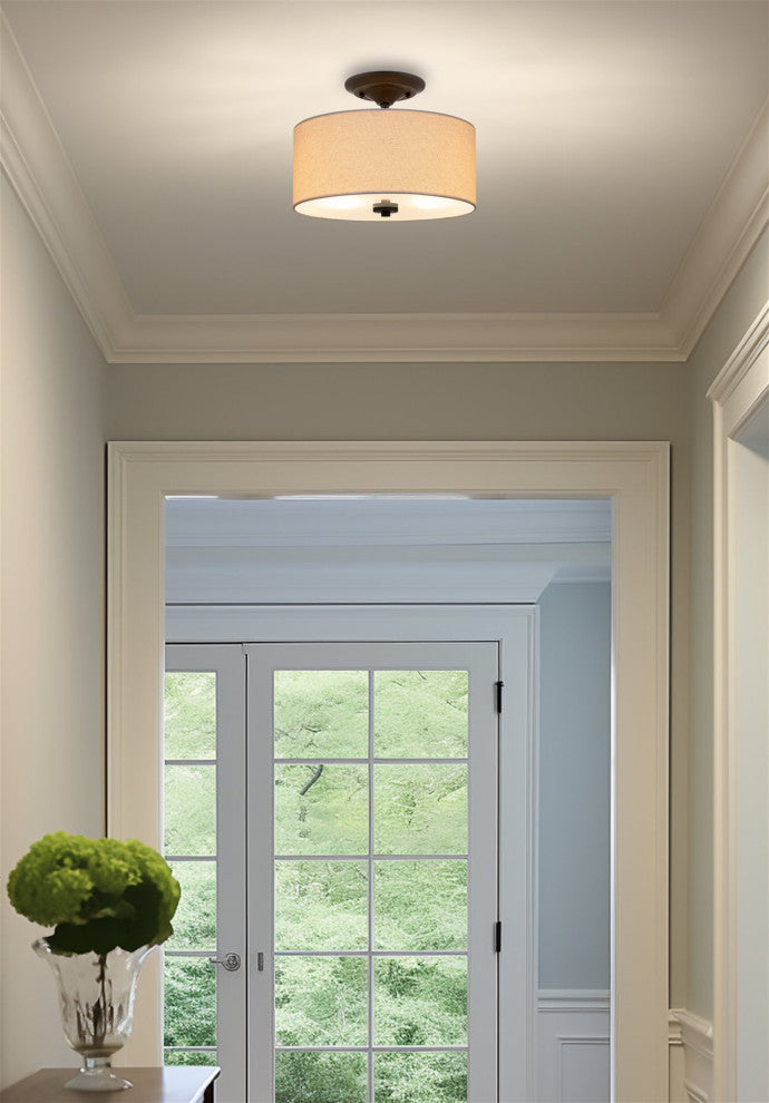 Kira Home Addison 13" Ceiling Light, Off-White Fabric Drum Shade, Bronze