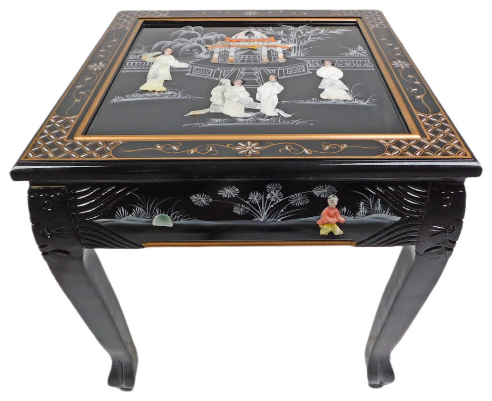 Dragon Leg Oriental End Table Inlaid Pearl, Black Lacquer