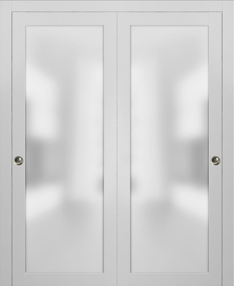 Planum 2102 Interior Closet Bypass Doors 60x96 White Silk Tracks Pulls Hardware