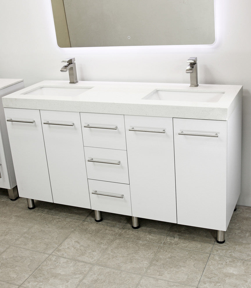 Windbay 60" Free Standing Double Vanity, White, White Quartz Under Mount Counter