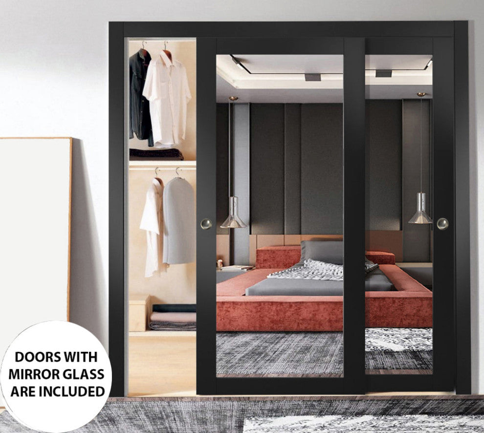 Sliding Bypass Doors 56 x 84, Lucia 1299 Matte Black & Mirror