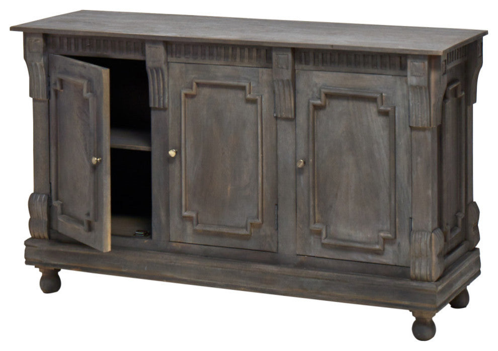 60" Solid Wood Dining Room 3 Door Sideboard Distressed Gray