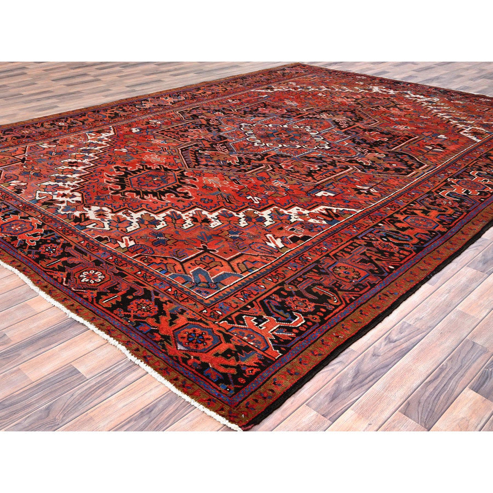 Imperial Red Pure Wool Hand Knotted Semi Antique Persian Heriz Rug 9'8"x13'