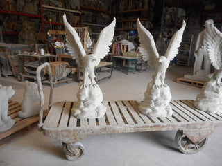 44"H Wings Up Concrete Eagle Statues, Pair in Hand Smooth Finish, Unpainted