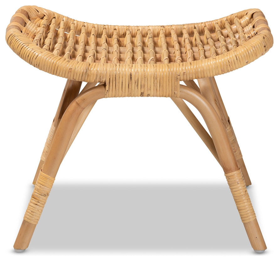 Modern Bohemian Natural Brown Rattan Ottoman