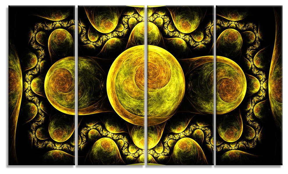 Yellow Exotic Fractal Pattern, Abstract Art on Canvas, 48"x28", 4 Panels