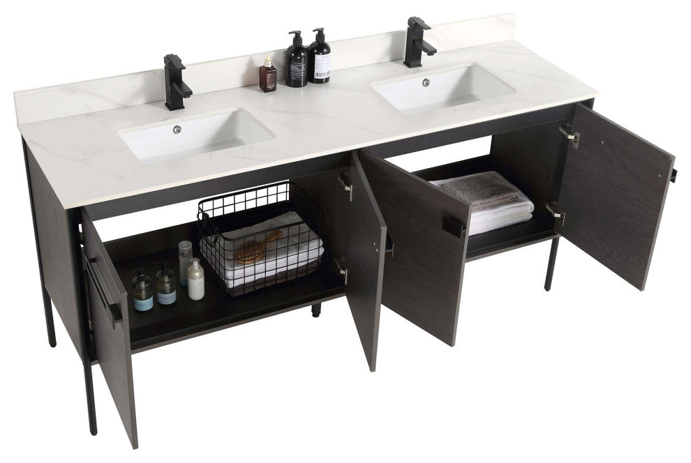 Oakville Bath Vanity, Ceramic Sink, Black Coal Oak, 72 Inch, Black Hardware