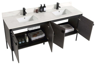 Oakville Bath Vanity, Ceramic Sink, Black Coal Oak, 72 Inch, Black Hardware