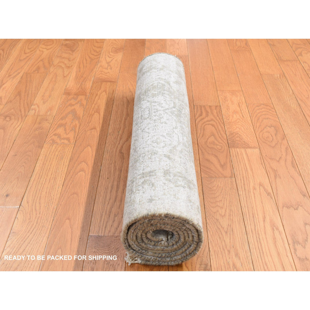 Gray Hand Knotted Wool and Silk Erased Persian Design Runner Rug 2'7" x 6'